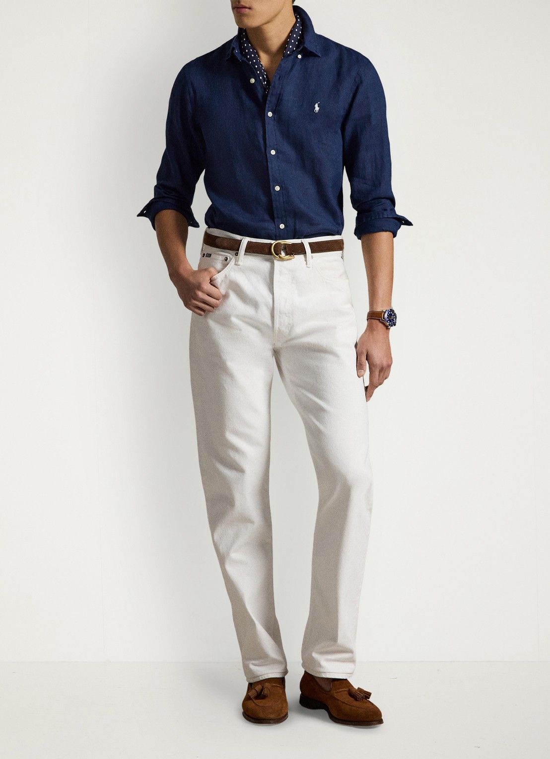 Ralph Lauren Slim fit overhemd van linnen met logoborduring - voorkant 2 newport navy / white / donkerblauw