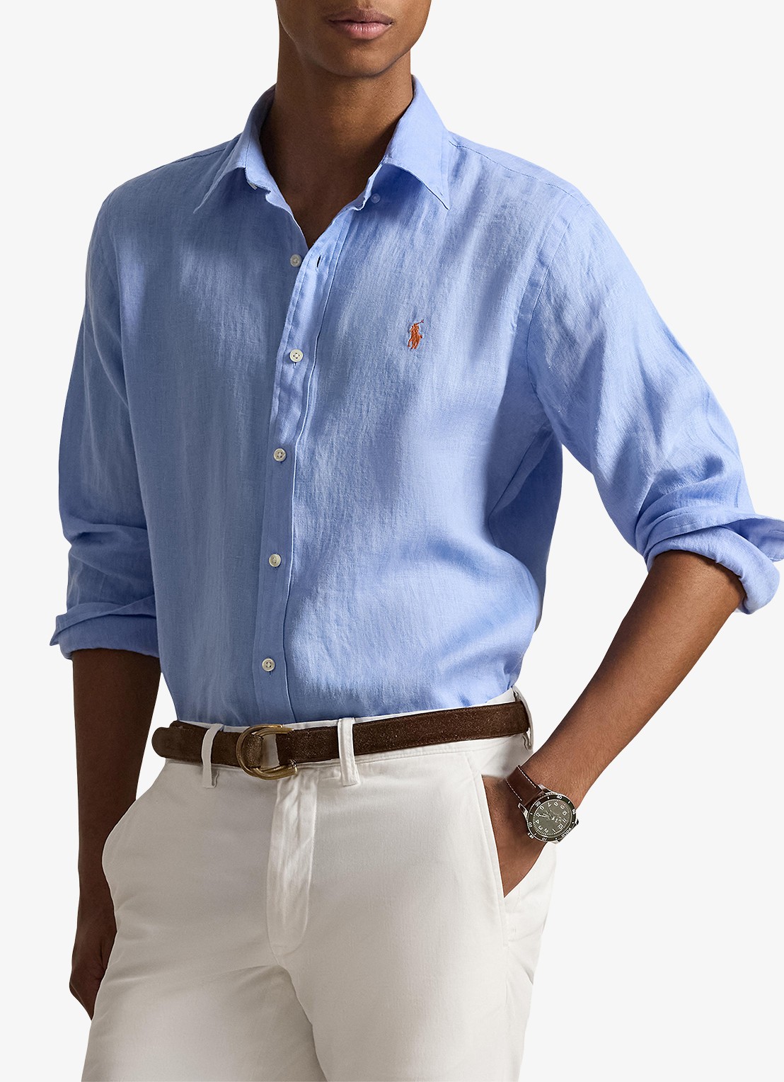 Ralph Lauren Slim fit overhemd van linnen met logoborduring - detail 4 austin blue / blauw
