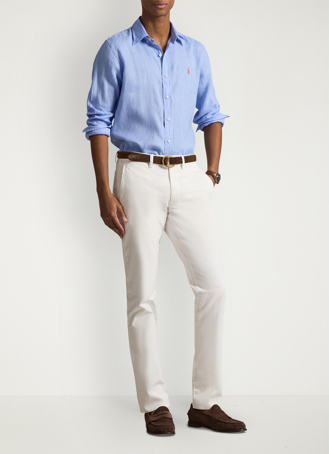 Ralph Lauren Slim fit overhemd van linnen met logoborduring - voorkant 2 austin blue / blauw