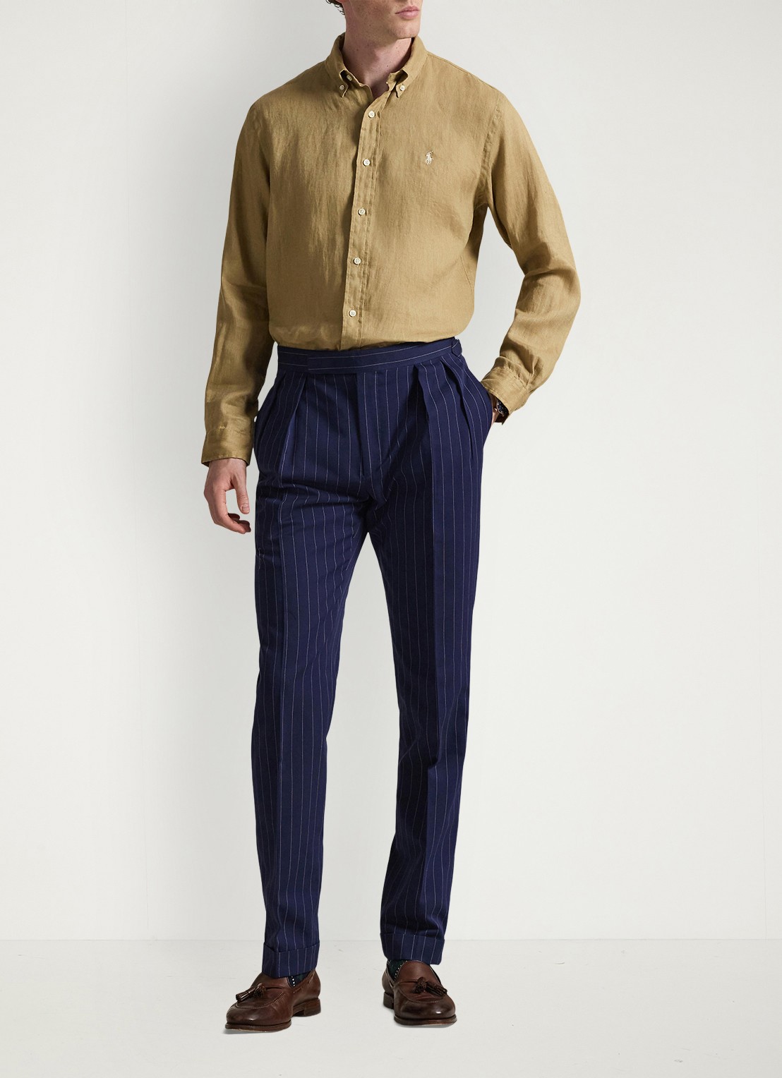 Ralph Lauren Slim fit overhemd van linnen met logoborduring - voorkant 3 cafe tan-2x6t