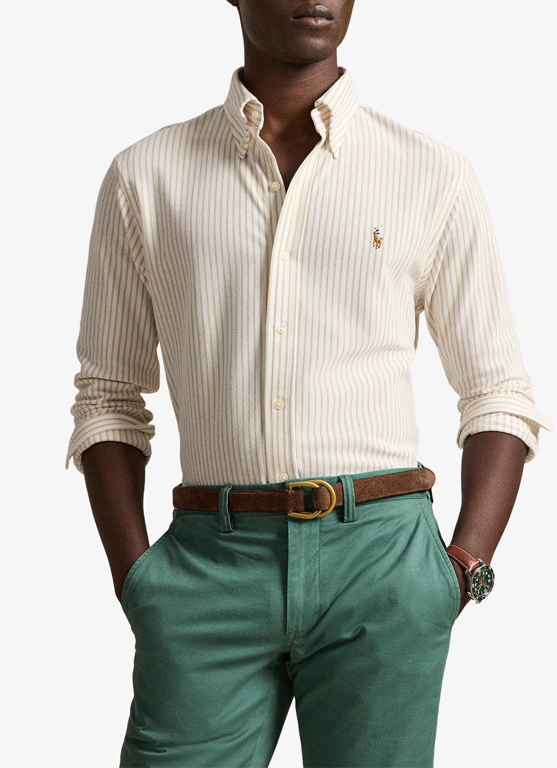 Ralph Lauren Slim fit Oxford overhemd met streepprint - voorkant 3 white/coastal beige / beige
