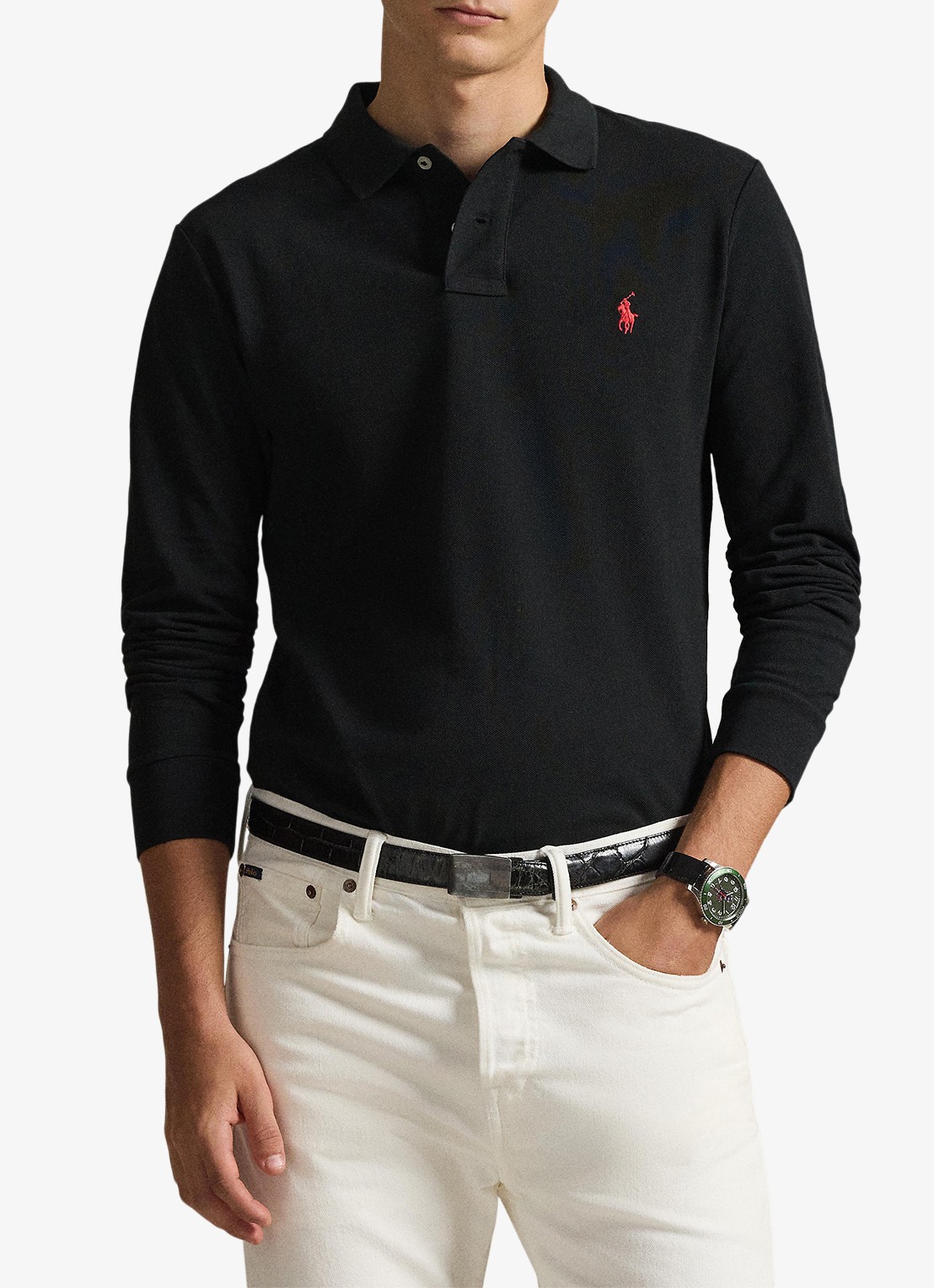 Ralph Lauren Slim fit polo van piqué katoen met lange mouw - voorkant 5 polo black / zwart