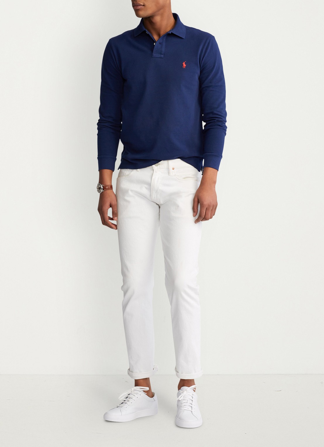 Ralph Lauren Slim fit polo van piqué katoen met lange mouw - voorkant 3 newport navy / donkerblauw