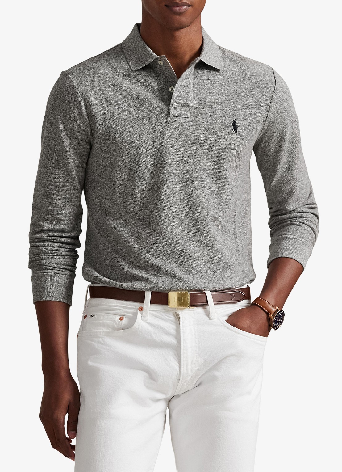 Ralph Lauren Slim fit polo van piqué katoen met lange mouw - detail 4 canterbury heather / grijs