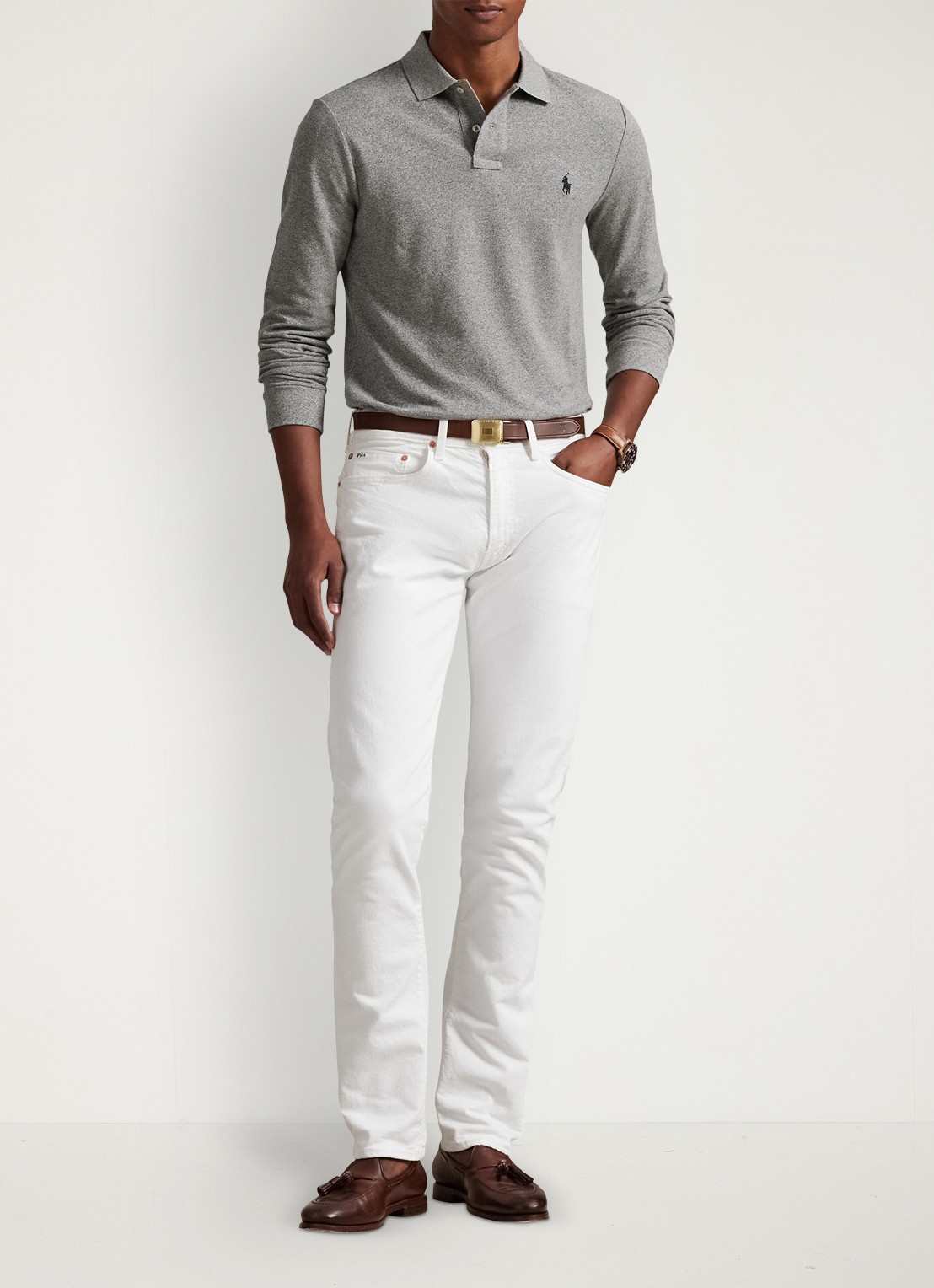 Ralph Lauren Slim fit polo van piqué katoen met lange mouw - voorkant 3 canterbury heather / grijs