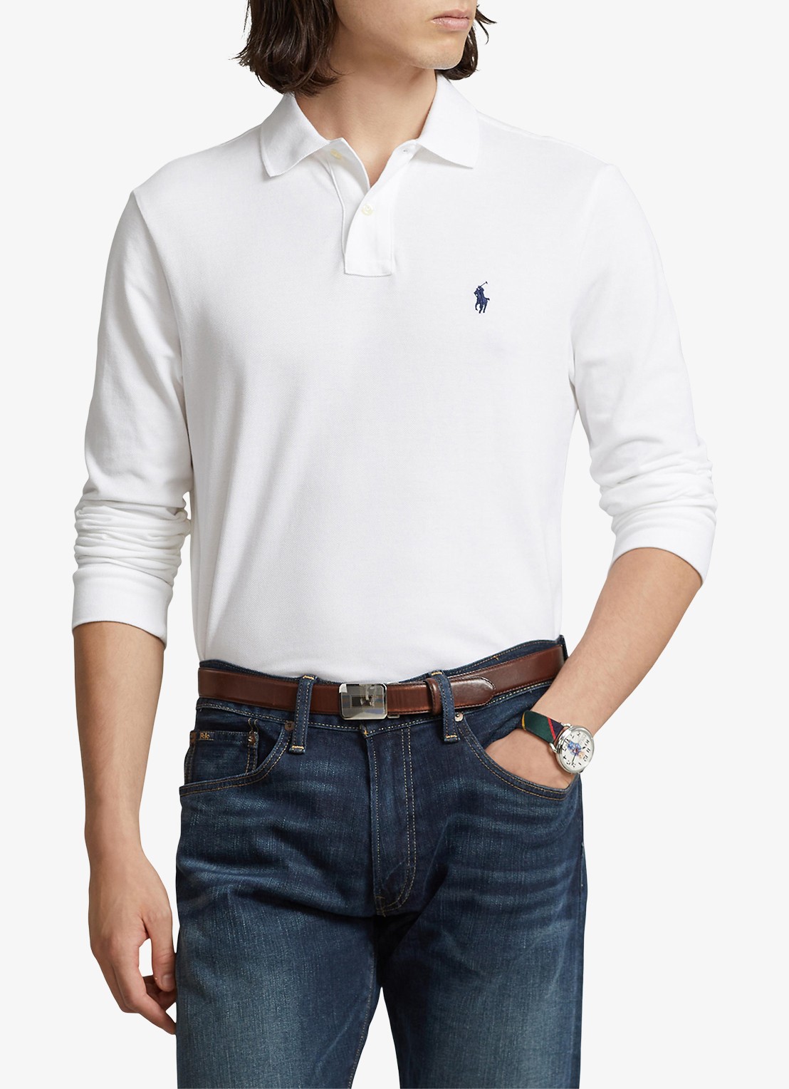 Ralph Lauren Slim fit polo van piqué katoen met lange mouw - detail 3 white / wit