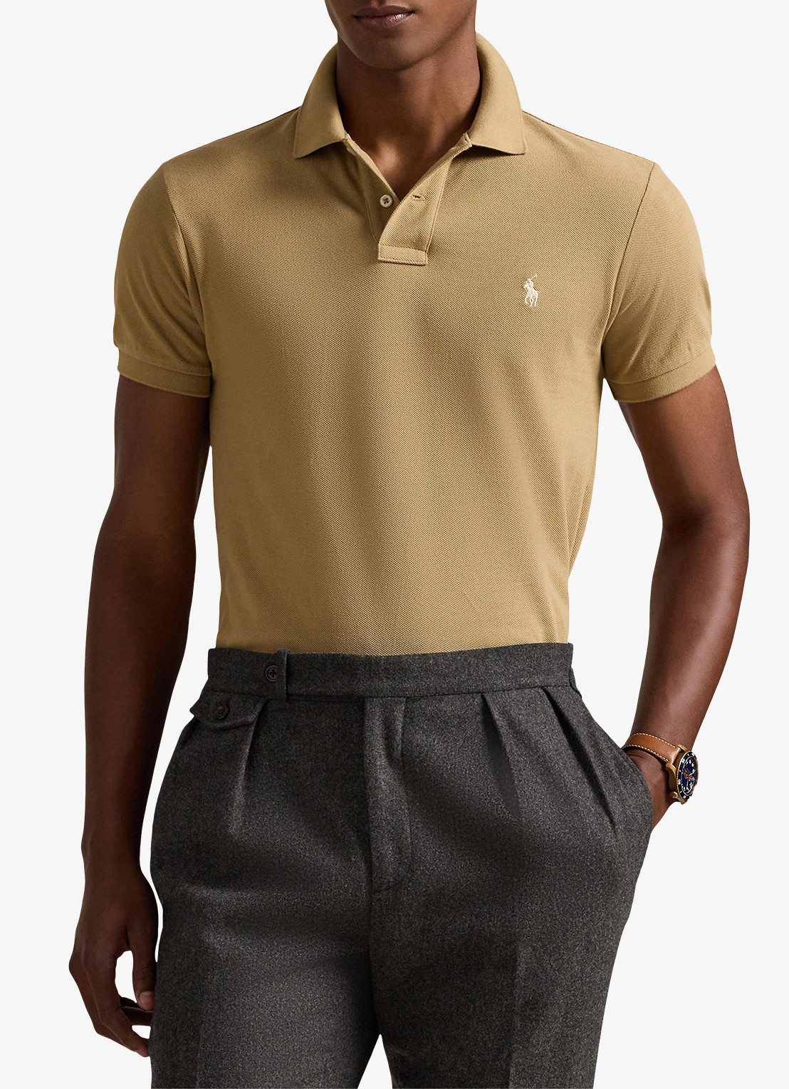 Ralph Lauren Slim fit polo van piqué katoen - detail cafe tan / beige