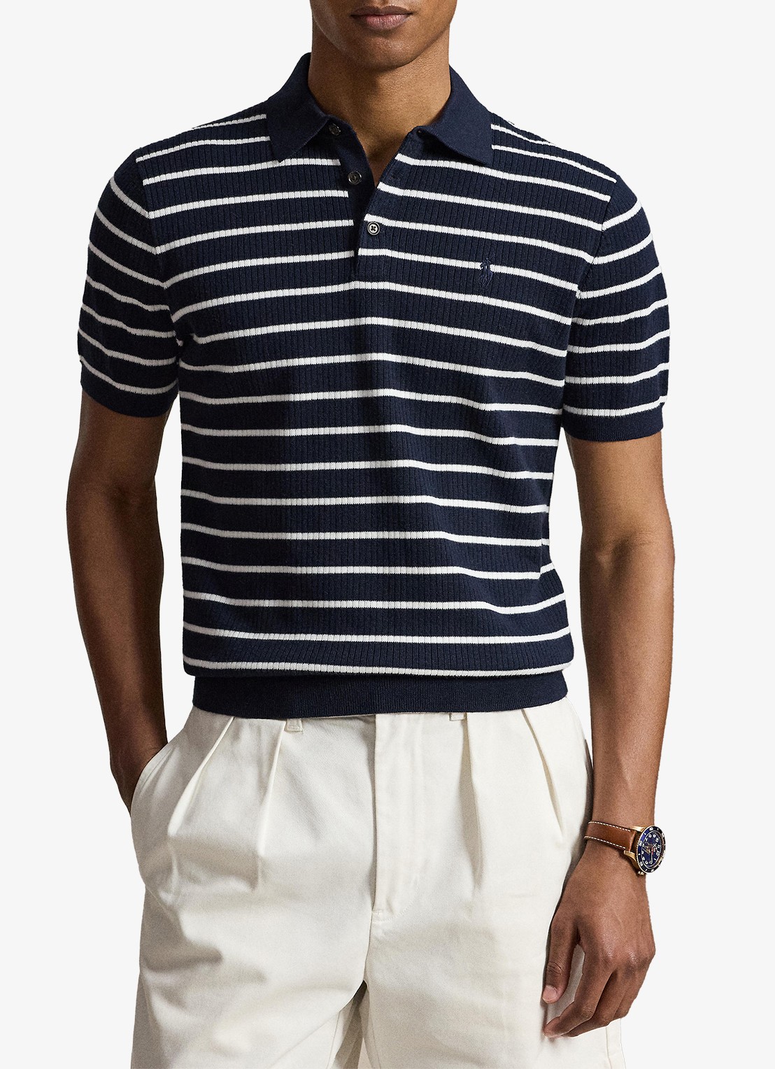 Ralph Lauren Slim fit ribgebreide polo met streepprint - detail 2 navy white combo / donkerblauw