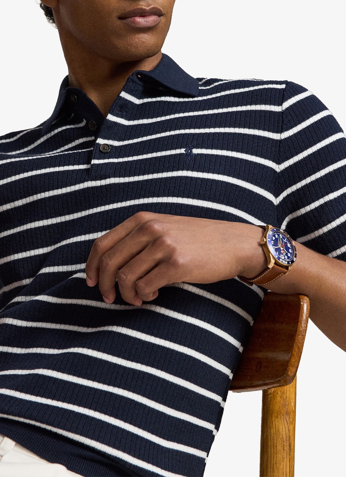 Ralph Lauren Slim fit ribgebreide polo met streepprint - detail 3 navy white combo / donkerblauw