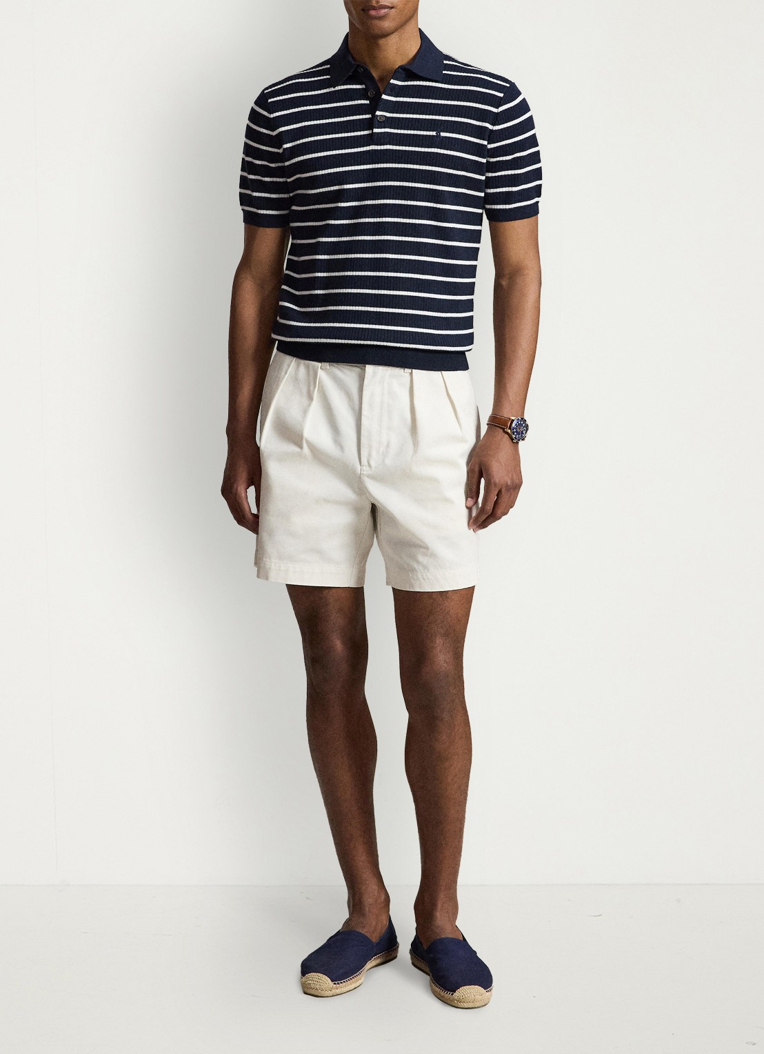 Ralph Lauren Slim fit ribgebreide polo met streepprint - voorkant 5 navy white combo / donkerblauw