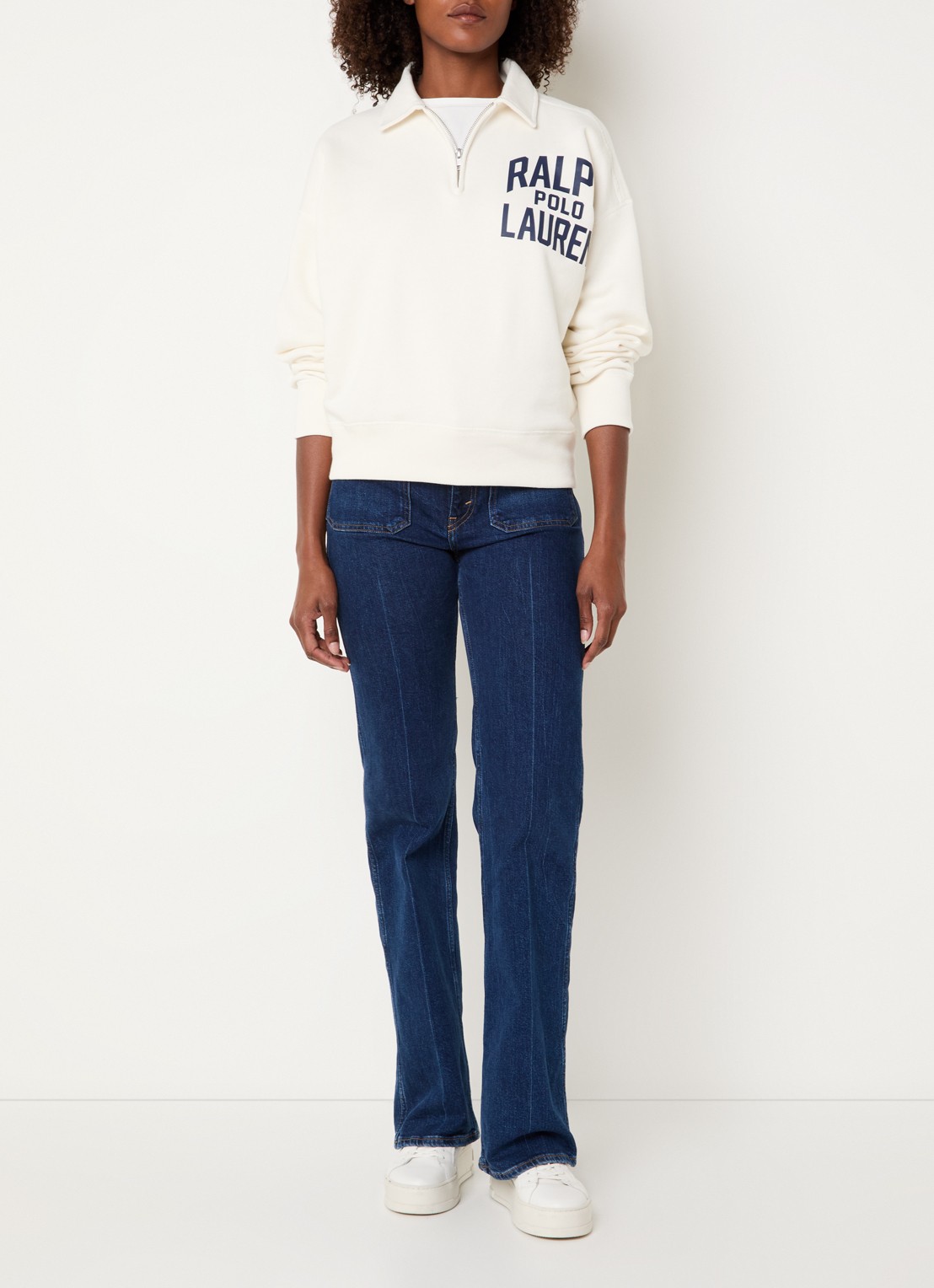 Ralph Lauren Sweater met halve rits en logoborduring - voorkant 4 gebroken wit