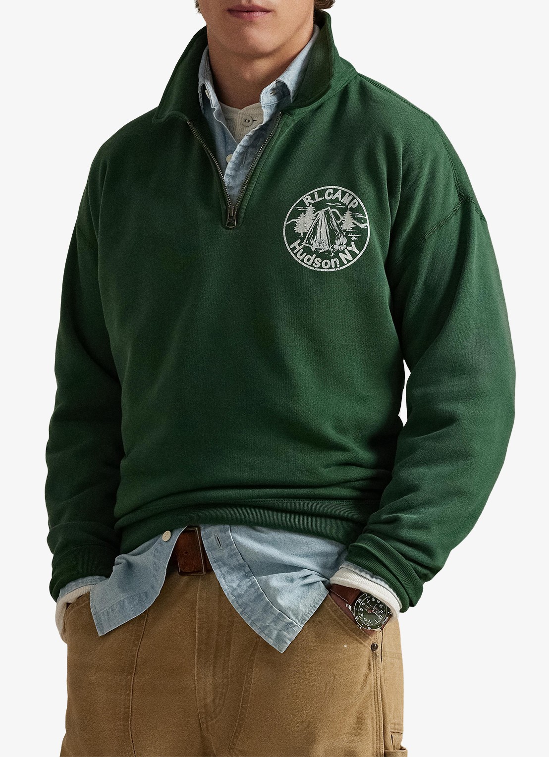 Ralph Lauren Sweater met halve rits en logoprint - voorkant 4 grass green / groen