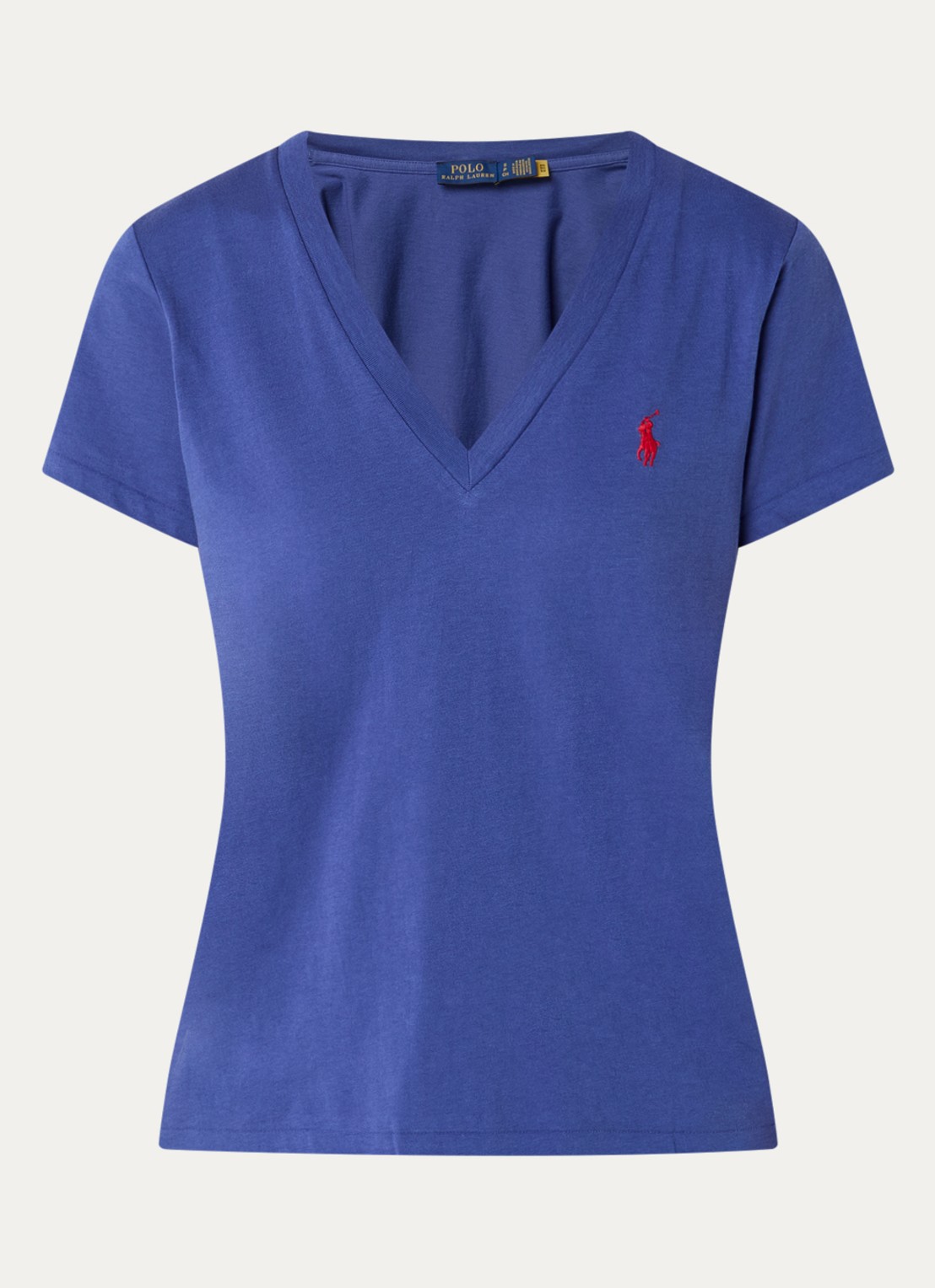 Ralph Lauren T-shirt met logoborduring en V-hals - voorkant 3 kobaltblauw