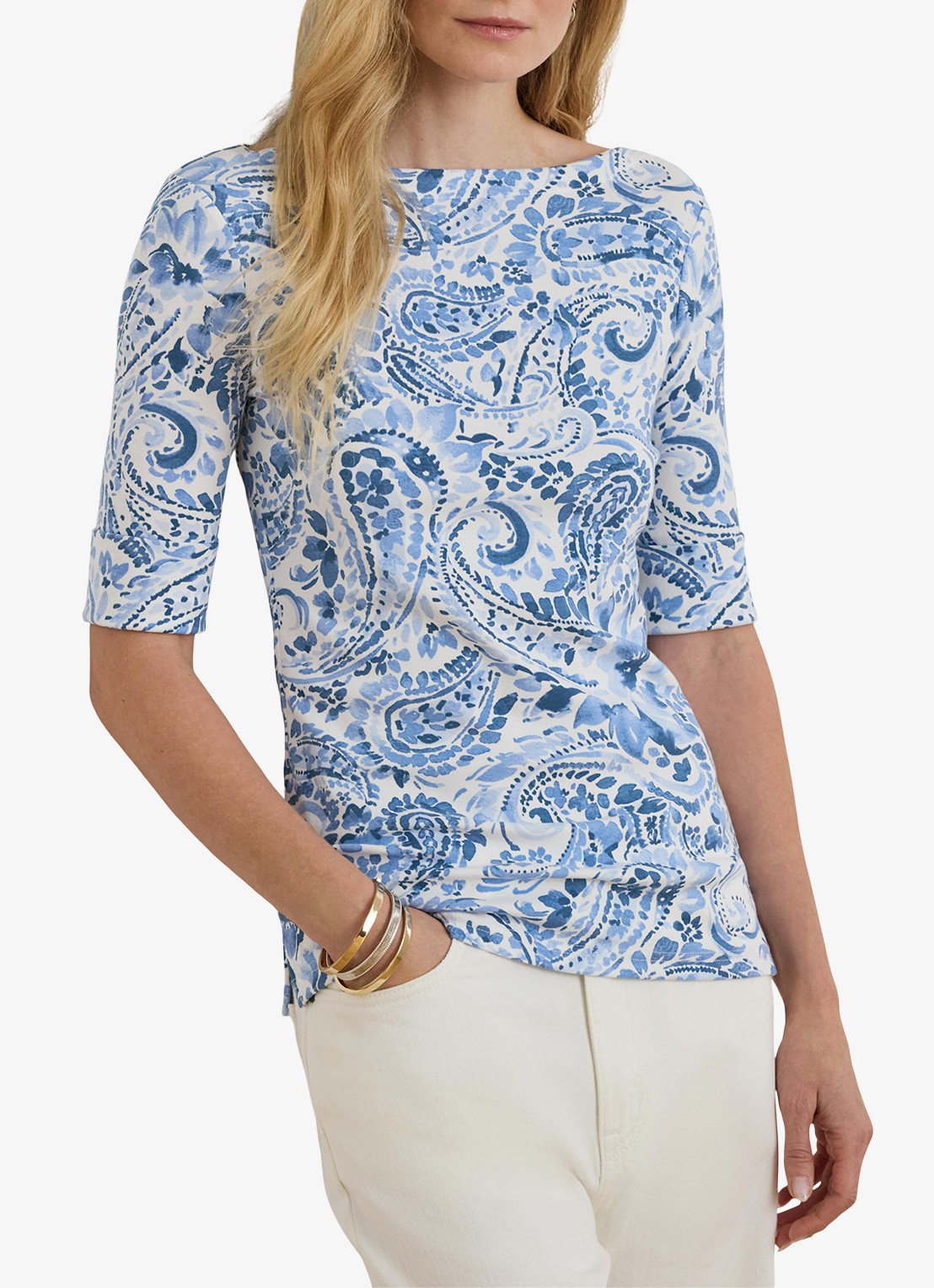 Ralph Lauren T-shirt met paisley dessin en boothals - detail 2 white/blue / blauw