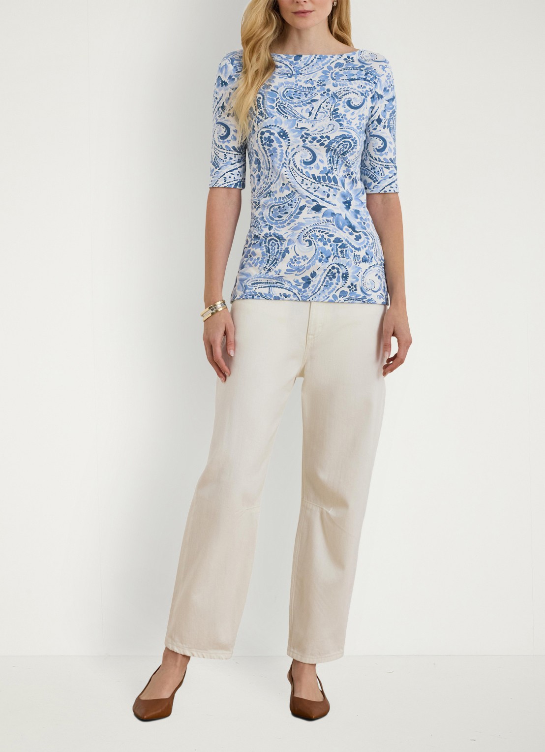 Ralph Lauren T-shirt met paisley dessin en boothals - voorkant 4 white/blue / blauw