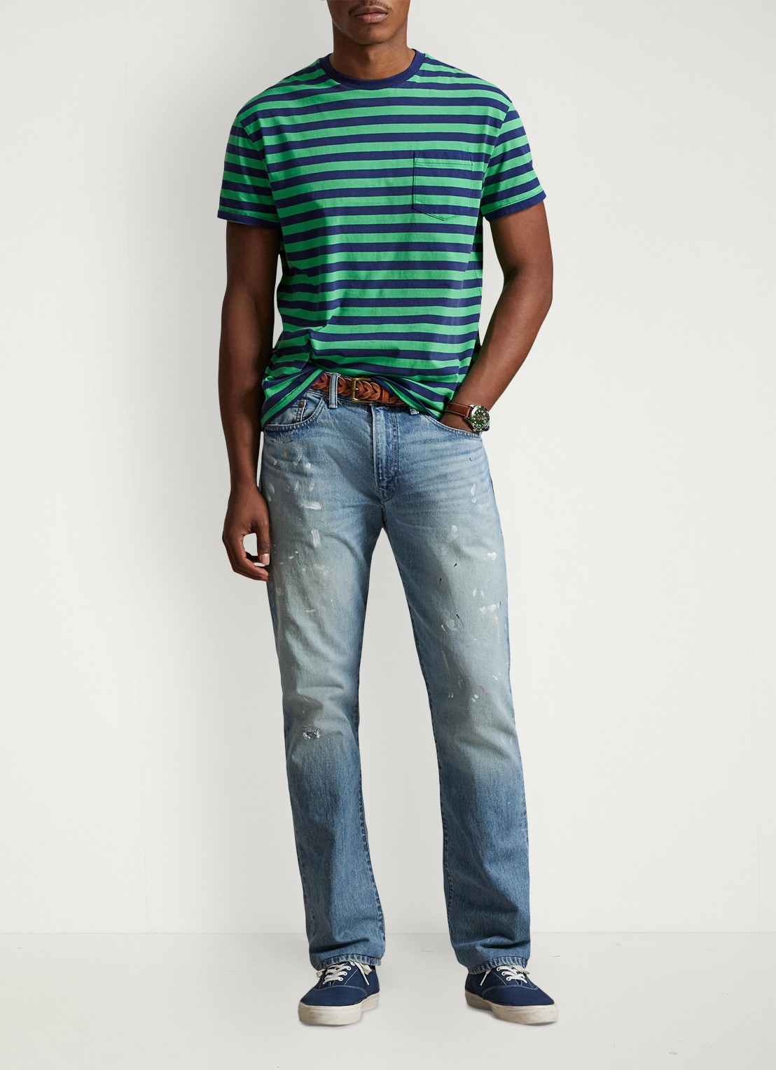 Ralph Lauren T-shirt met streepprint en borstzak - voorkant 2 summer emerald/dark cobalt-zyrd