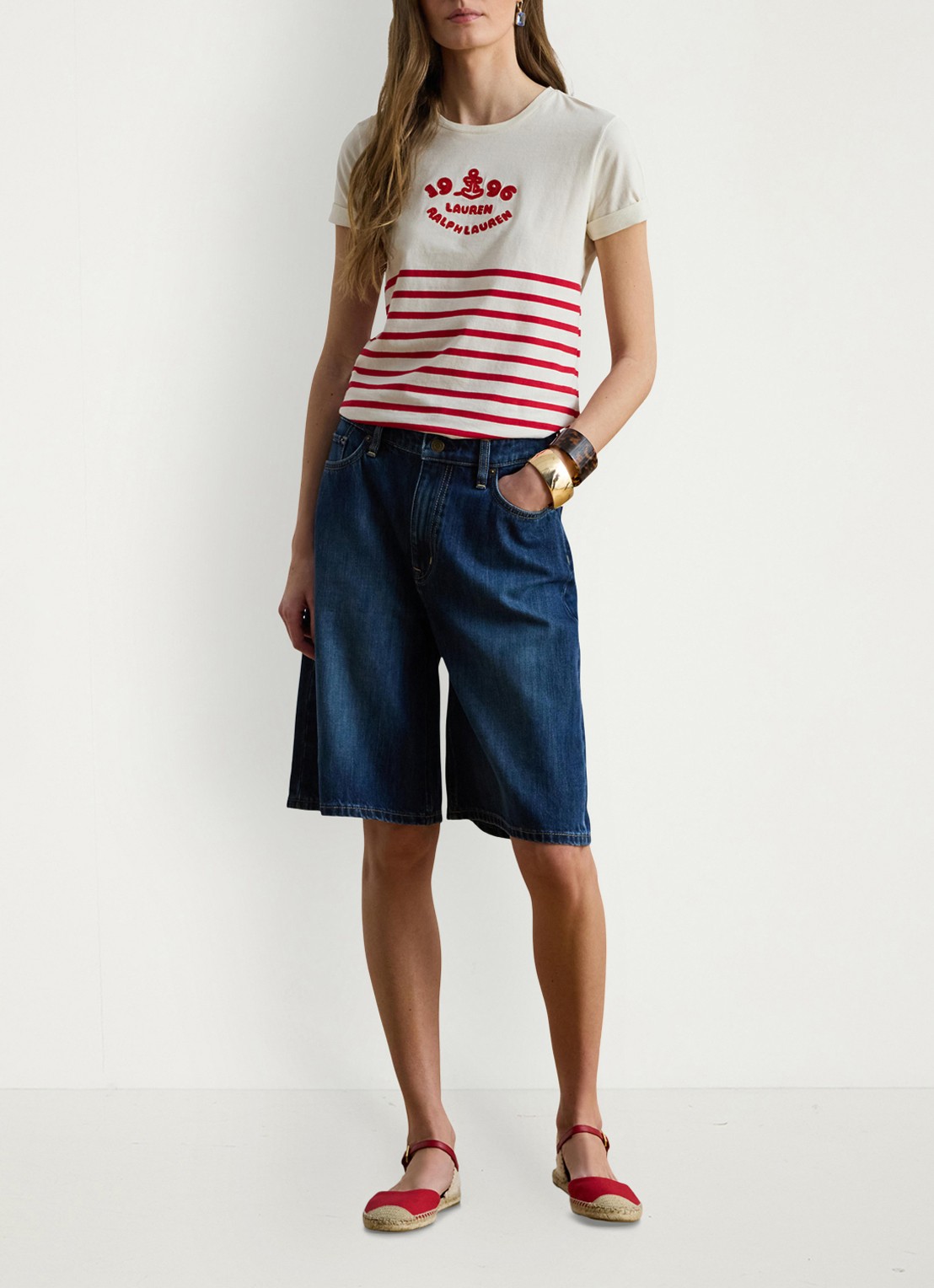 Ralph Lauren T-shirt met streepprint en logo - voorkant 2 mascarpone cream / creme