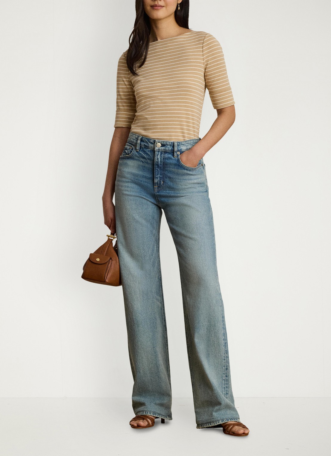 Ralph Lauren T-shirt met streepprint - voorkant 2 birch tan/mascarpone cream / beige