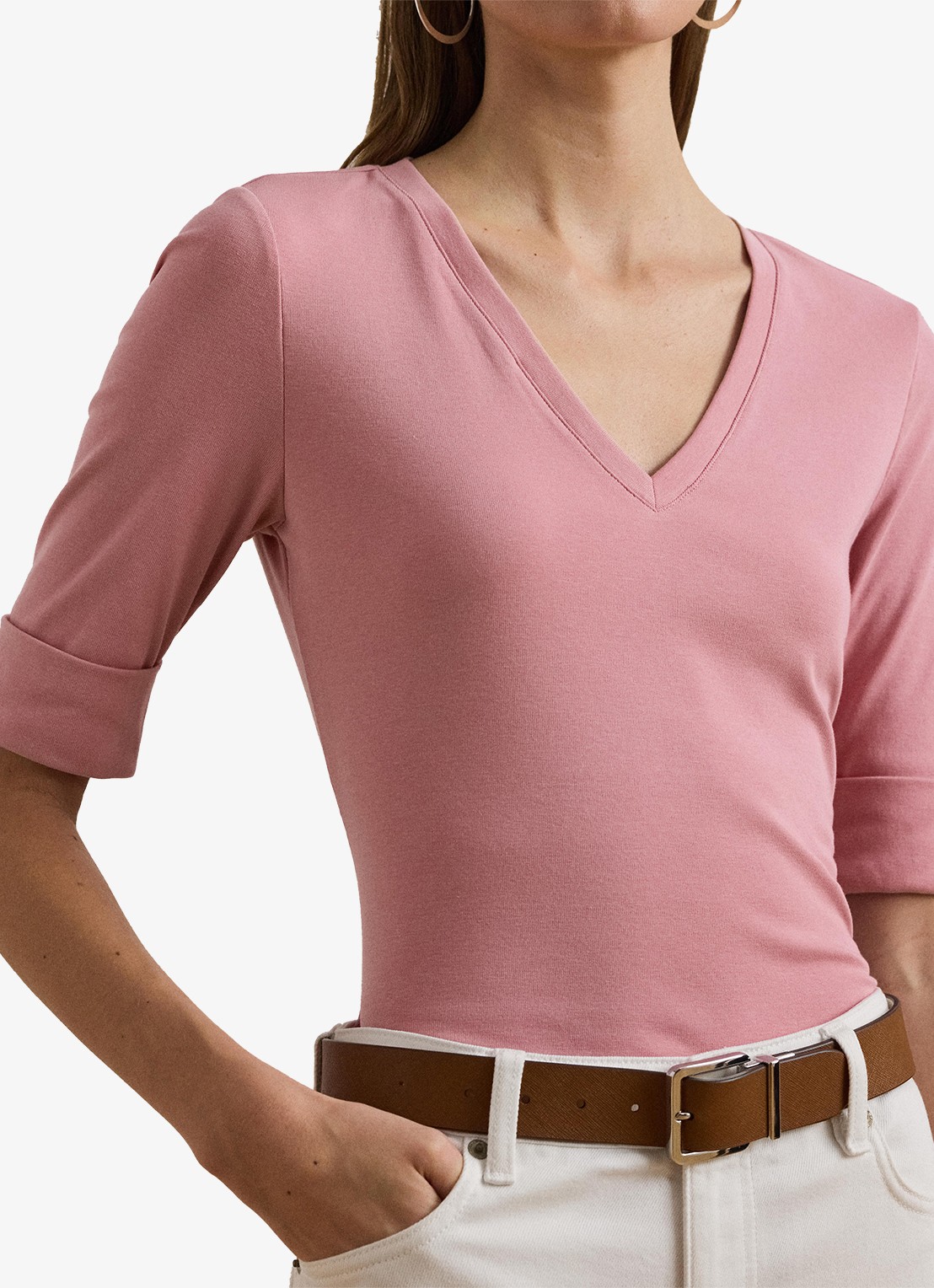 Ralph Lauren T-shirt met V-hals en halflange mouw - detail 3 rose mauve / roze