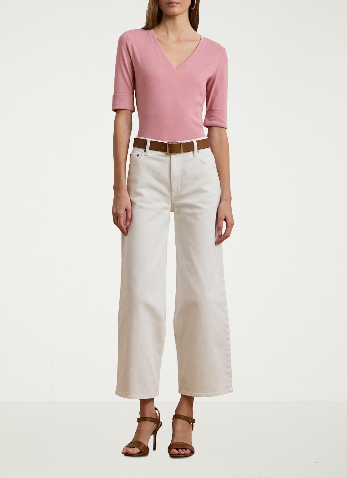Ralph Lauren T-shirt met V-hals en halflange mouw - voorkant 5 rose mauve / roze