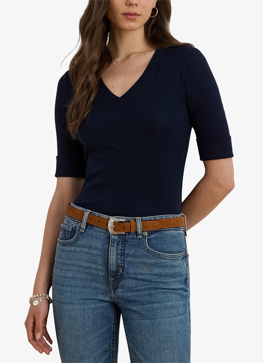 Ralph Lauren T-shirt met V-hals en halflange mouw - detail 2 donkerblauw