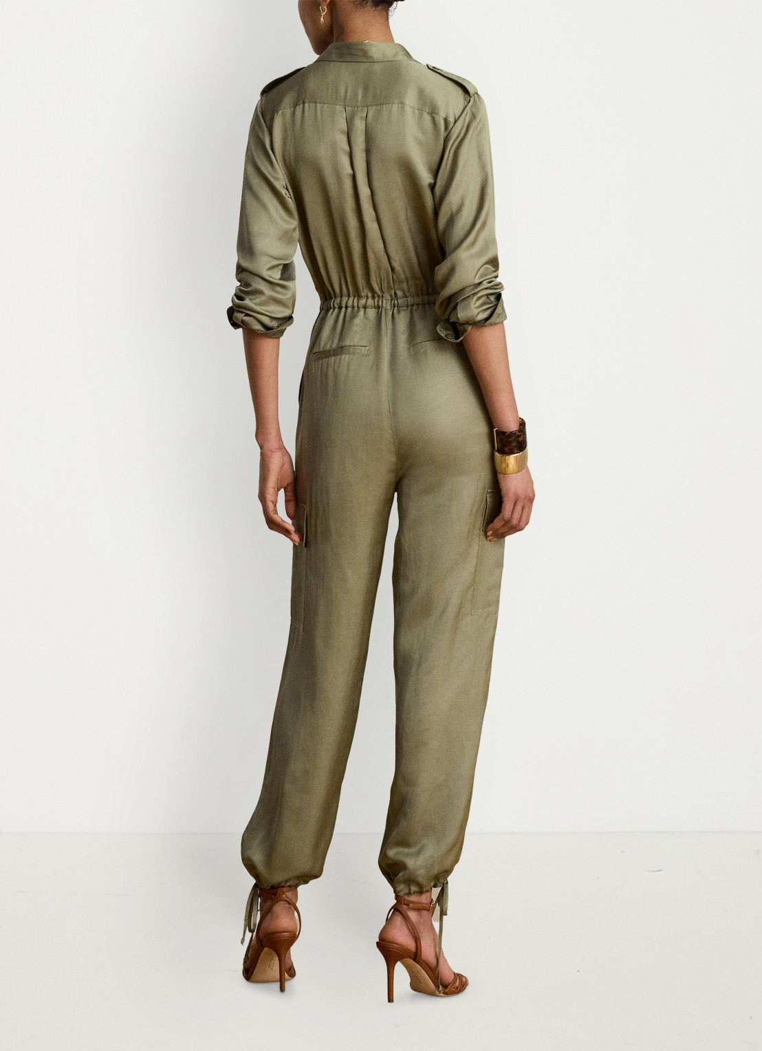 Ralph Lauren Tapered fit jumpsuit in linnenblend met strikceintuur - achterkant 3 light agave / groen