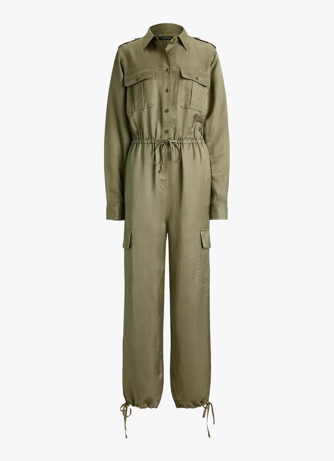 Ralph Lauren Tapered fit jumpsuit in linnenblend met strikceintuur - voorkant 4 light agave / groen