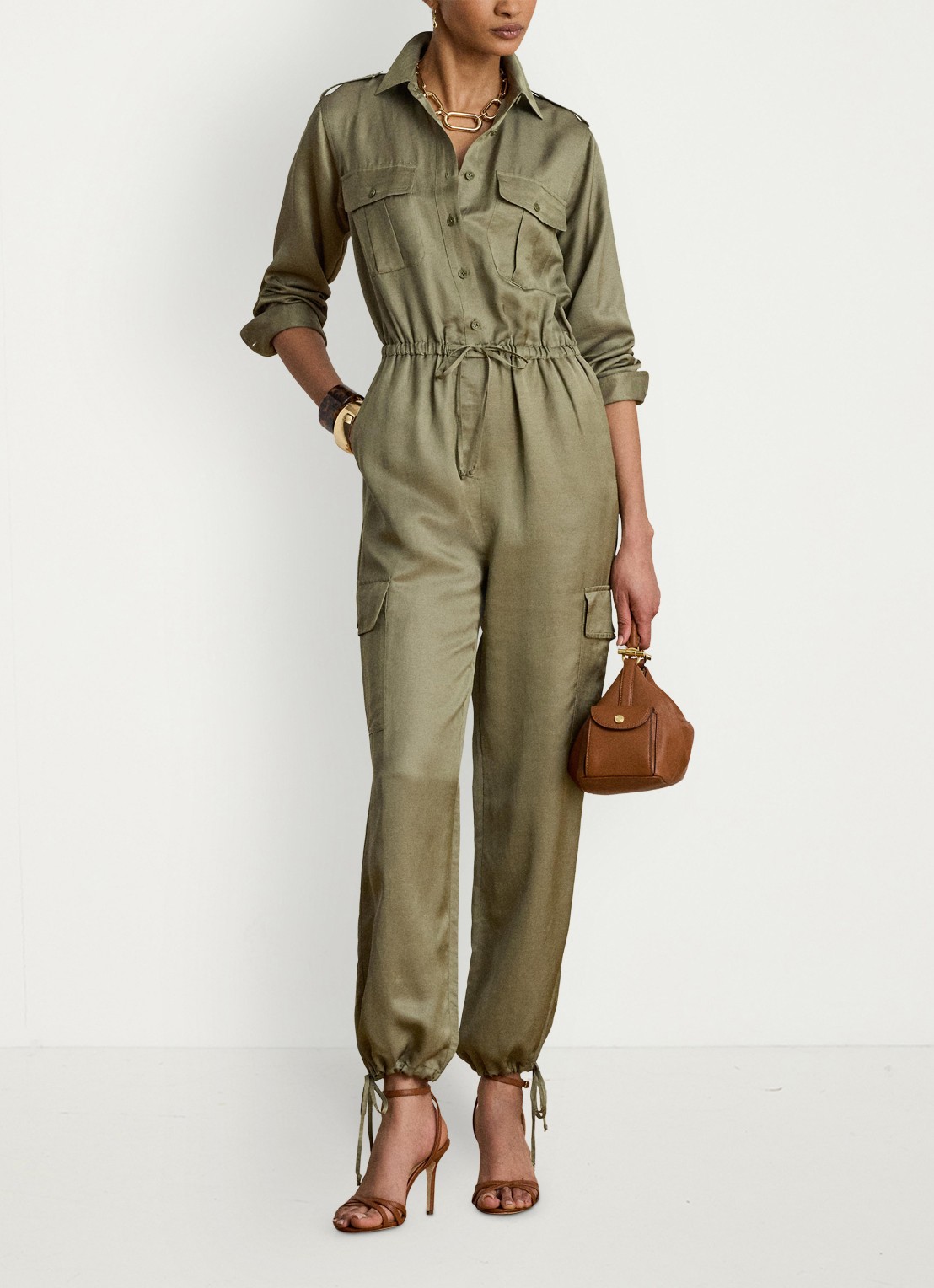 Ralph Lauren Tapered fit jumpsuit in linnenblend met strikceintuur - voorkant 5 light agave / groen