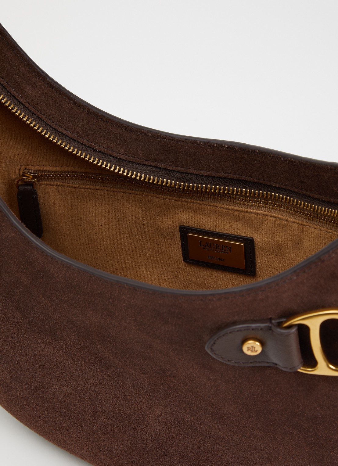 Ralph Lauren Tasha Large schoudertas van suède - detail donkerbruin