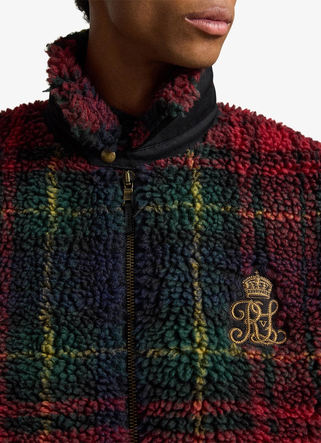 Ralph Lauren Teddy jas met ruitdessin en steekzakken - detail macro holiday plaid / rood