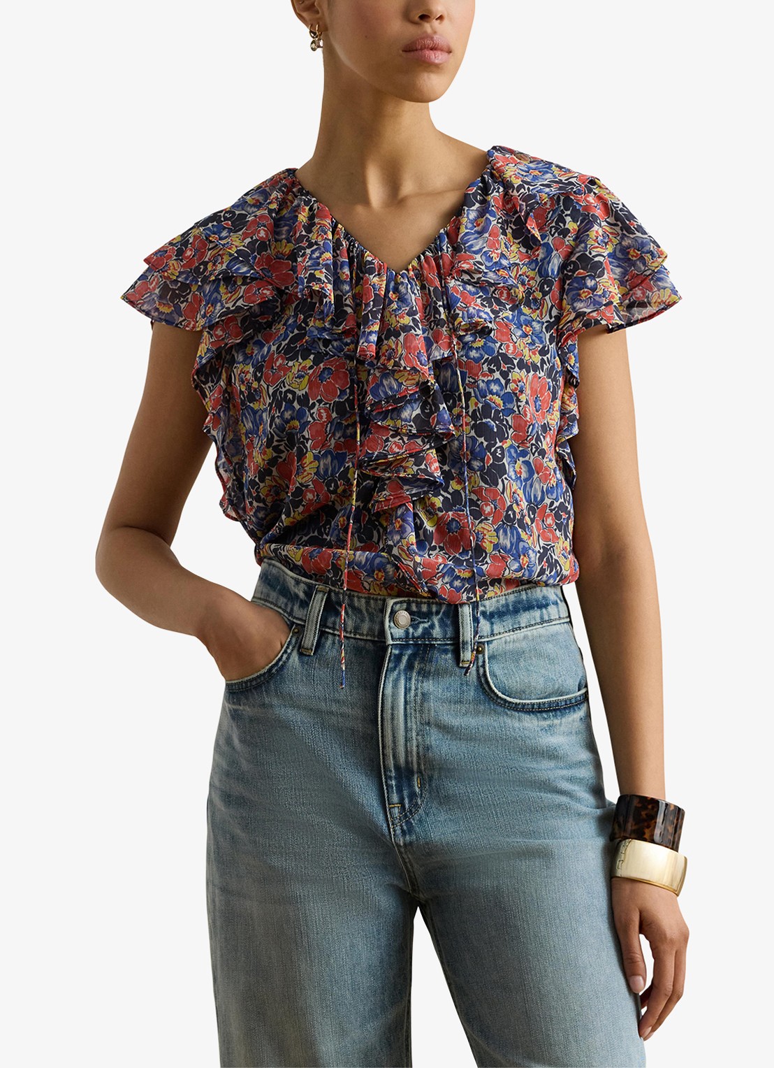Ralph Lauren Top met bloemenprint en ruches - detail red / rood