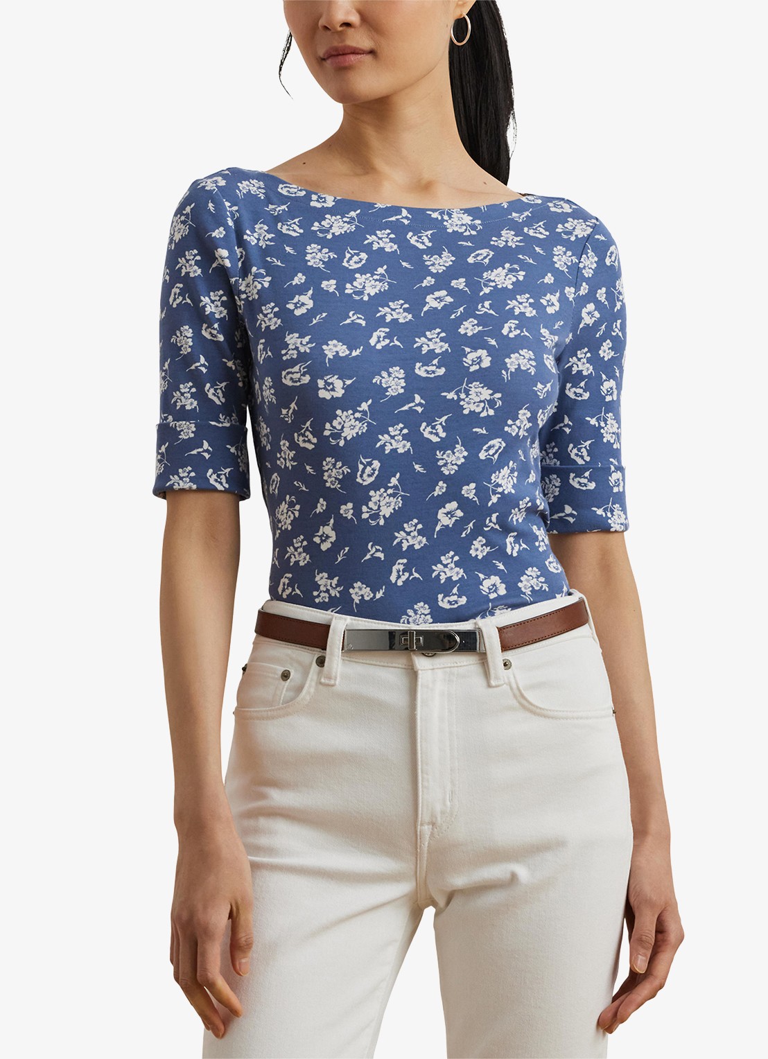 Ralph Lauren Top met boothals en bloemenprint - detail blauw
