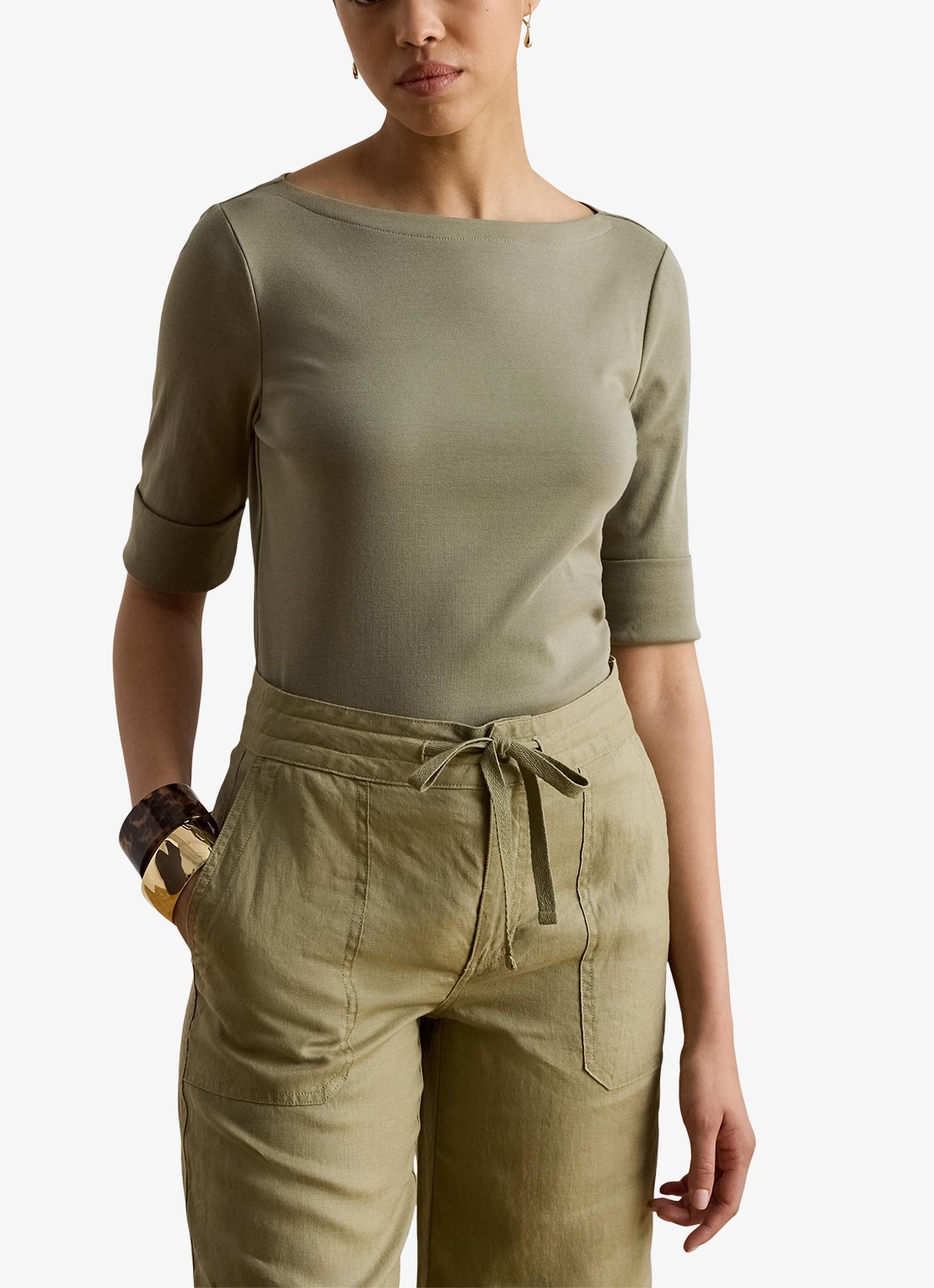 Ralph Lauren Top met boothals - detail 3 light agave / groen
