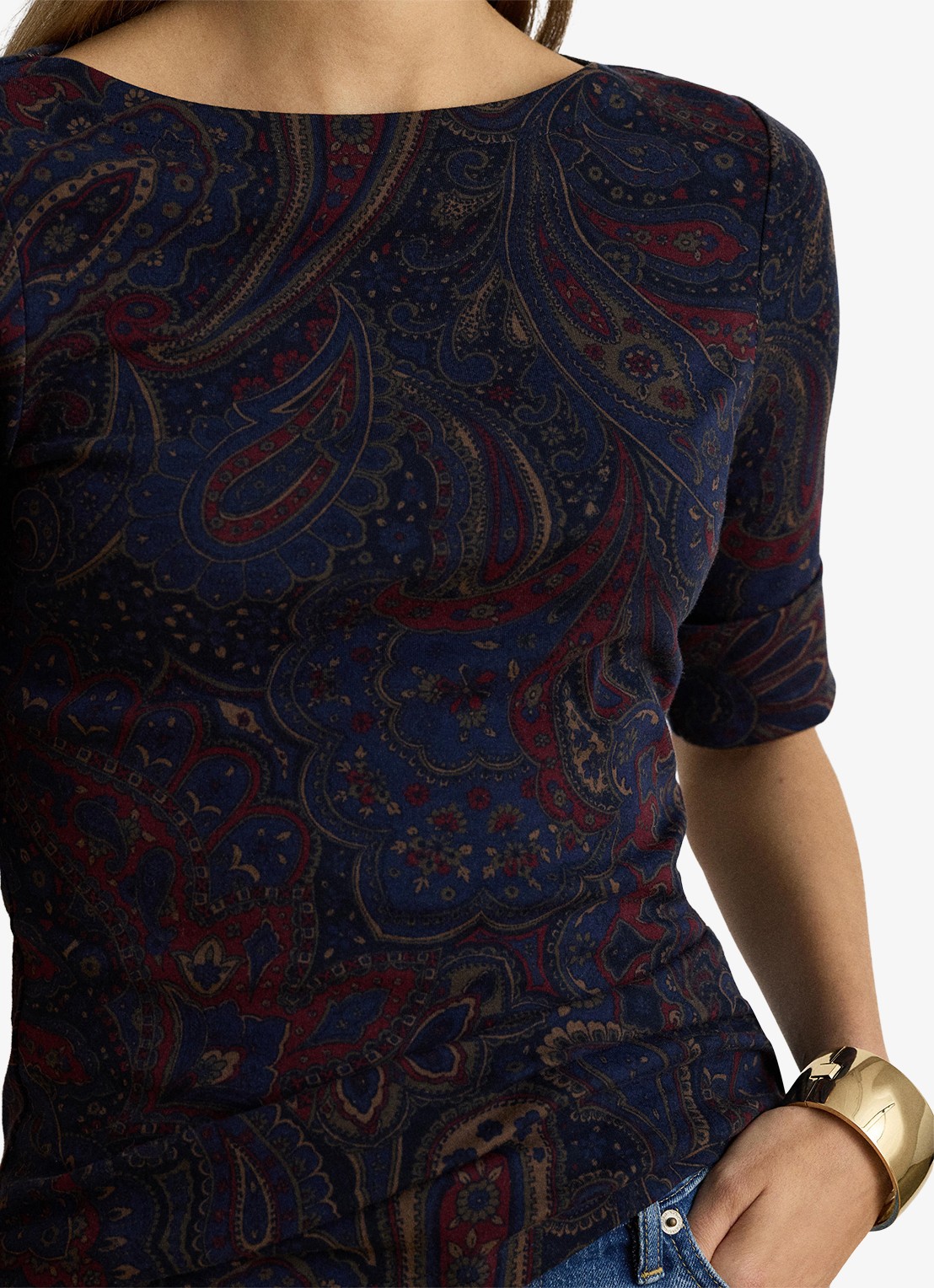 Ralph Lauren Top met paisley dessin en boothals - detail 3 navy multi / blauw