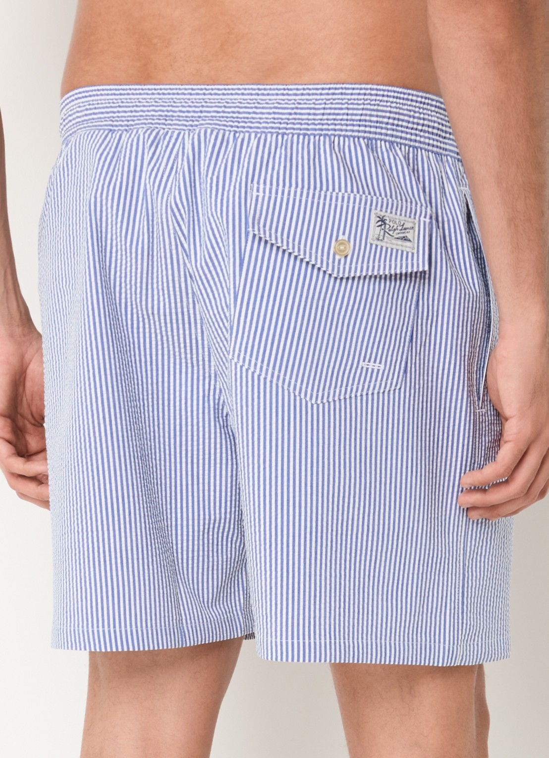 Ralph Lauren Traveler zwemshorts met streepprint en steekzakken - achterkant staalblauw