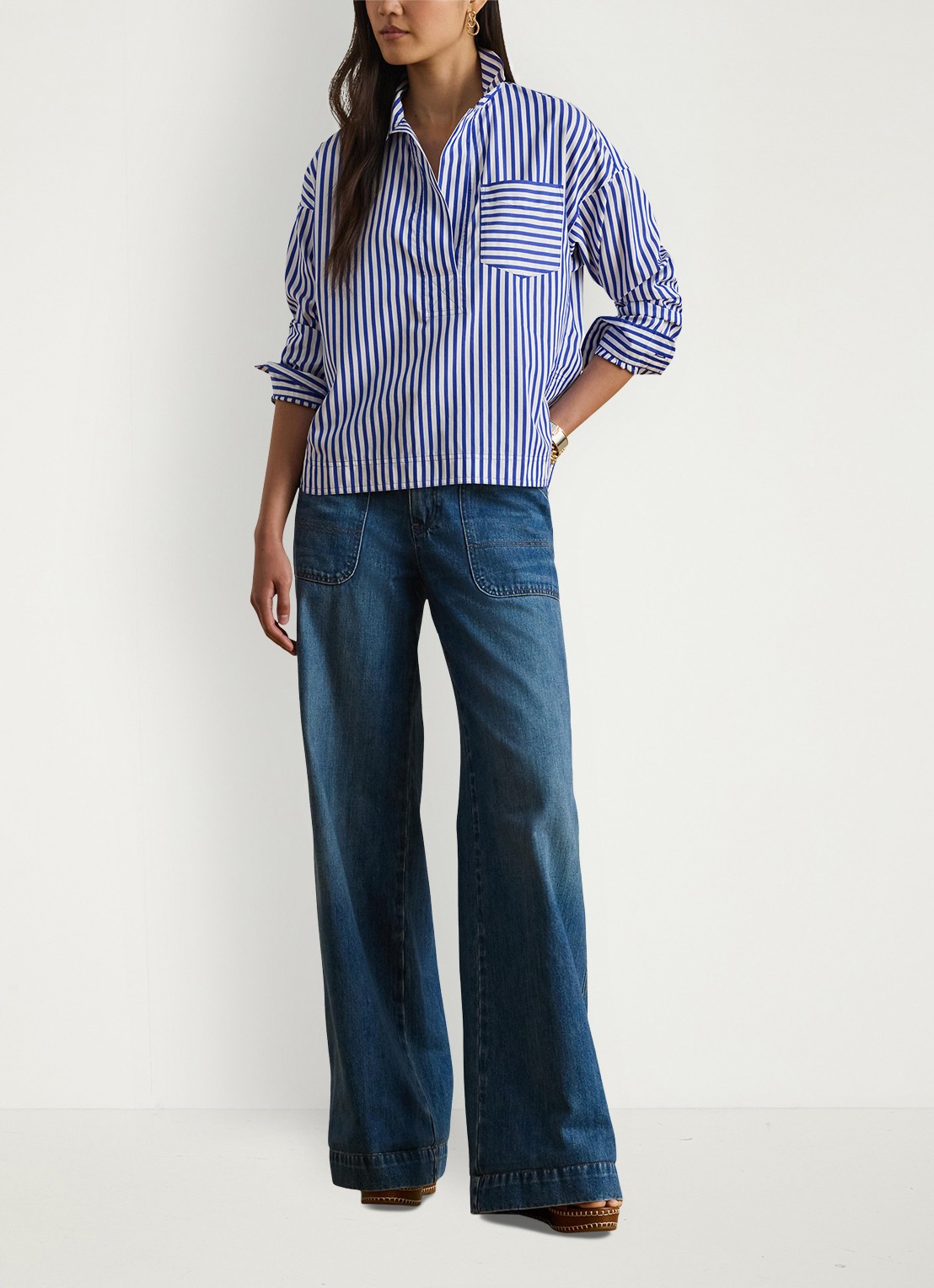 Ralph Lauren Tuniek met streepprint en borstzak - voorkant 2 donkerblauw