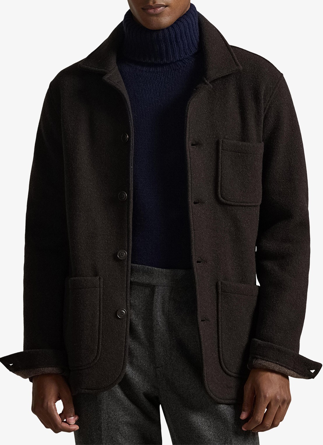 Ralph Lauren Utility overshirt in wolblend met borstzak - detail 4 dark brown heather / donkerbruin