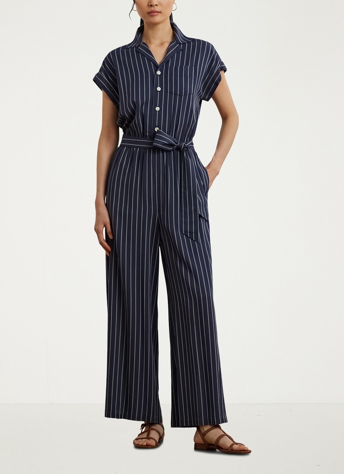 Ralph Lauren Wide fit jumpsuit met streepprint - voorkant 5 blauw