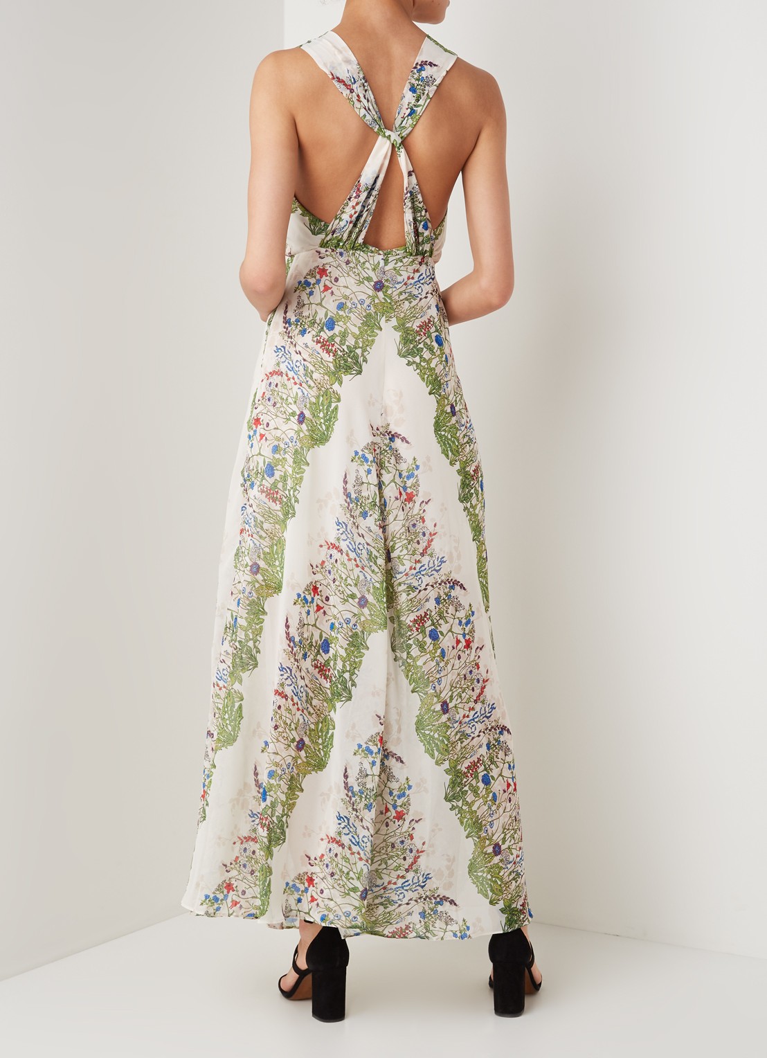 Rascalle maxi jurk met bloemenprint en V-hals - achterkant ivoor