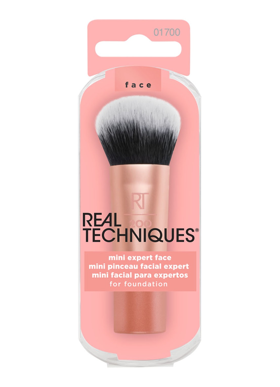 Real Techniques Mini Expert Face Brush - mini foundation- en poederkwast - voorkant 3 zalmroze