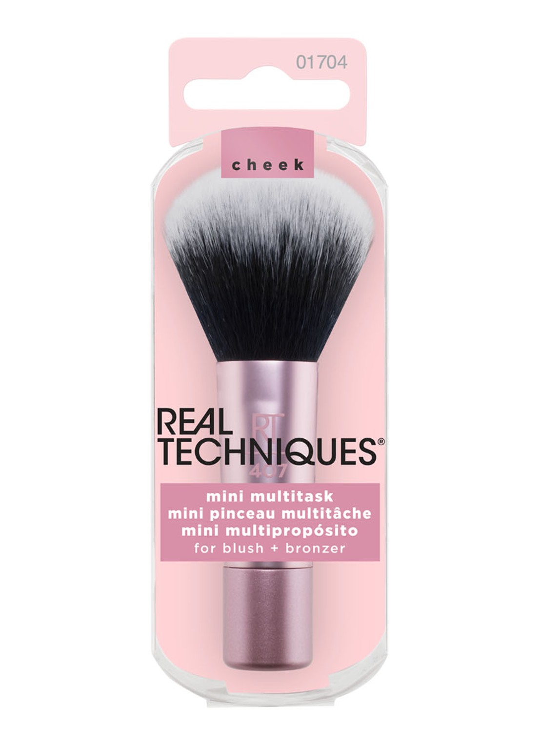 Real Techniques Mini Multitask Brush - mini blush- en highlighterkwast - voorkant 2 lichtroze