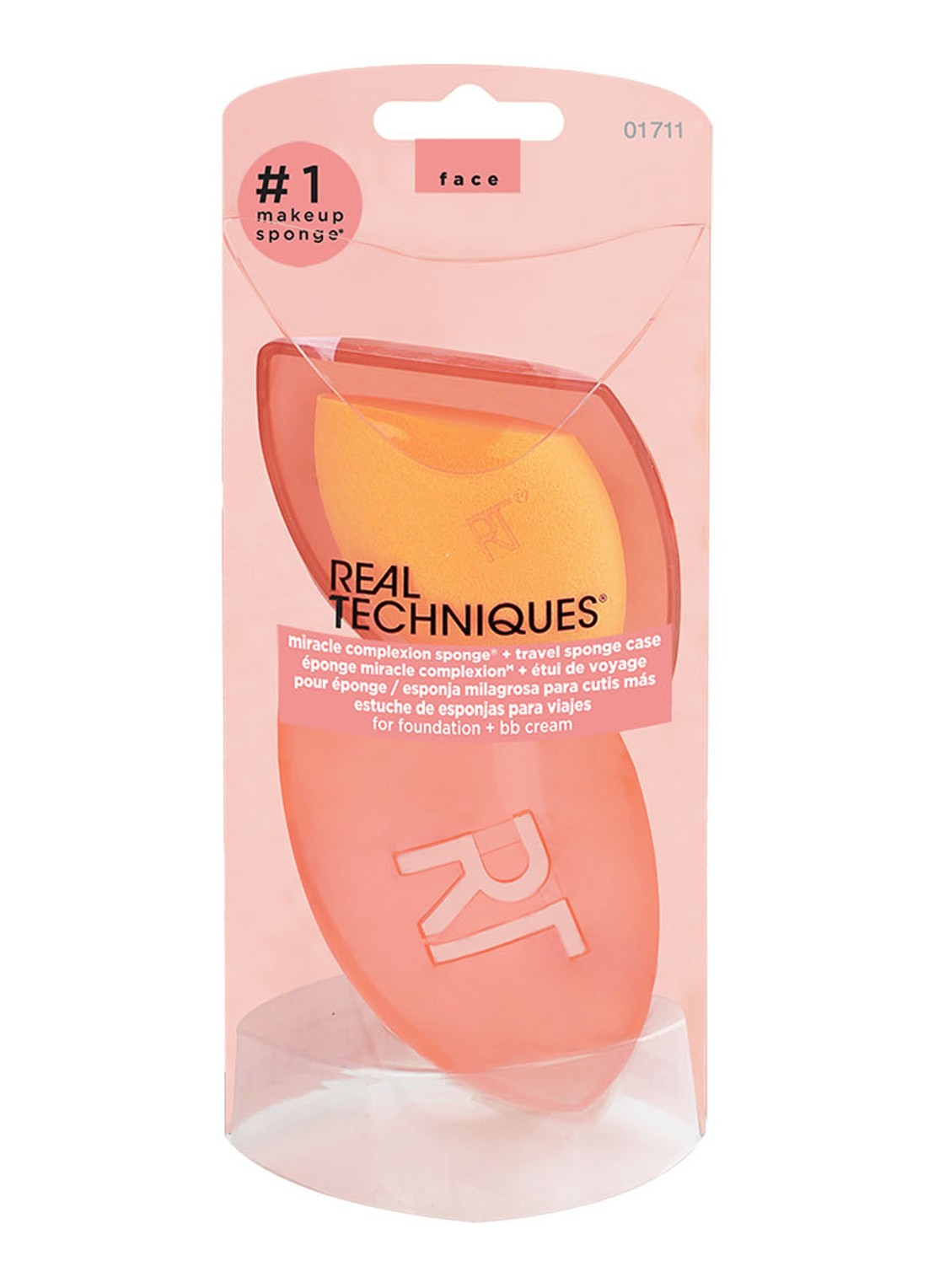 Real Techniques Miracle Complexion Sponge + Case - make-upspons met houder - mini - voorkant 4 orange