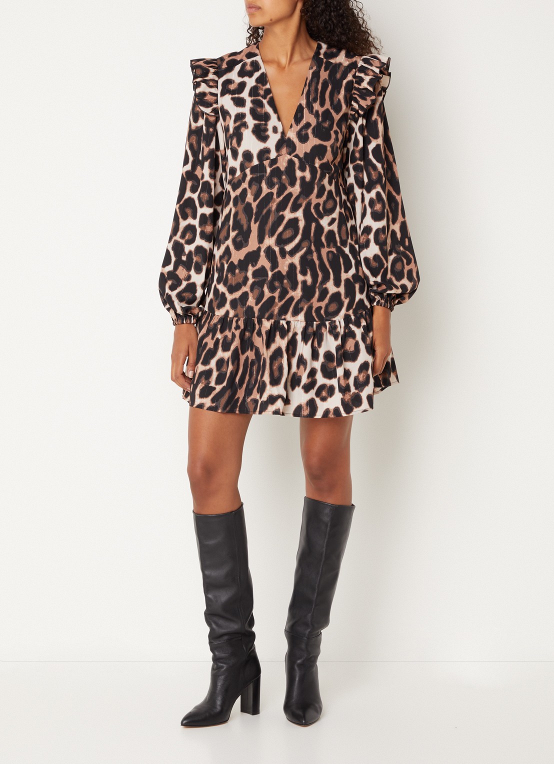 Refined Department Dolly mini jurk met volant en panterprint - voorkant 2 bruin