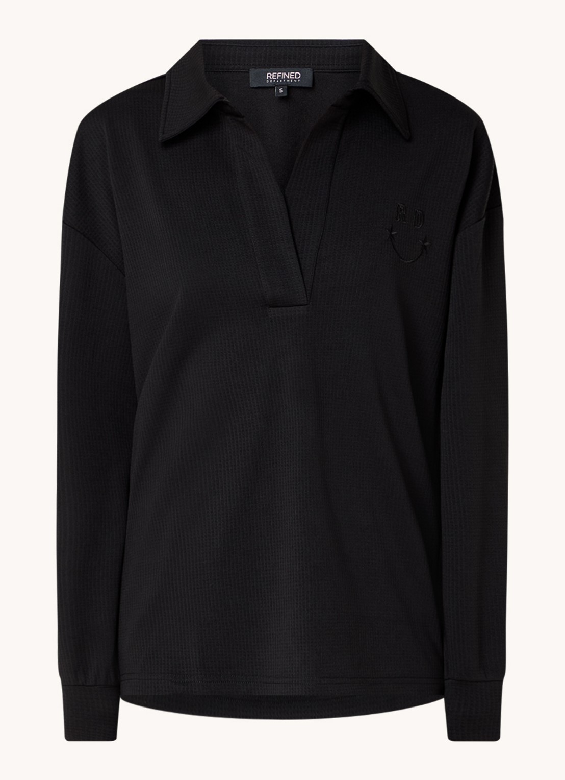 Refined Department Loes fijngebreide polo met logoborduring - voorkant 2 zwart