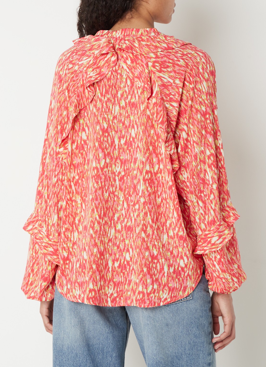 Refined Department Roma blouse met V-hals en ruches  - achterkant 4 koraalroze