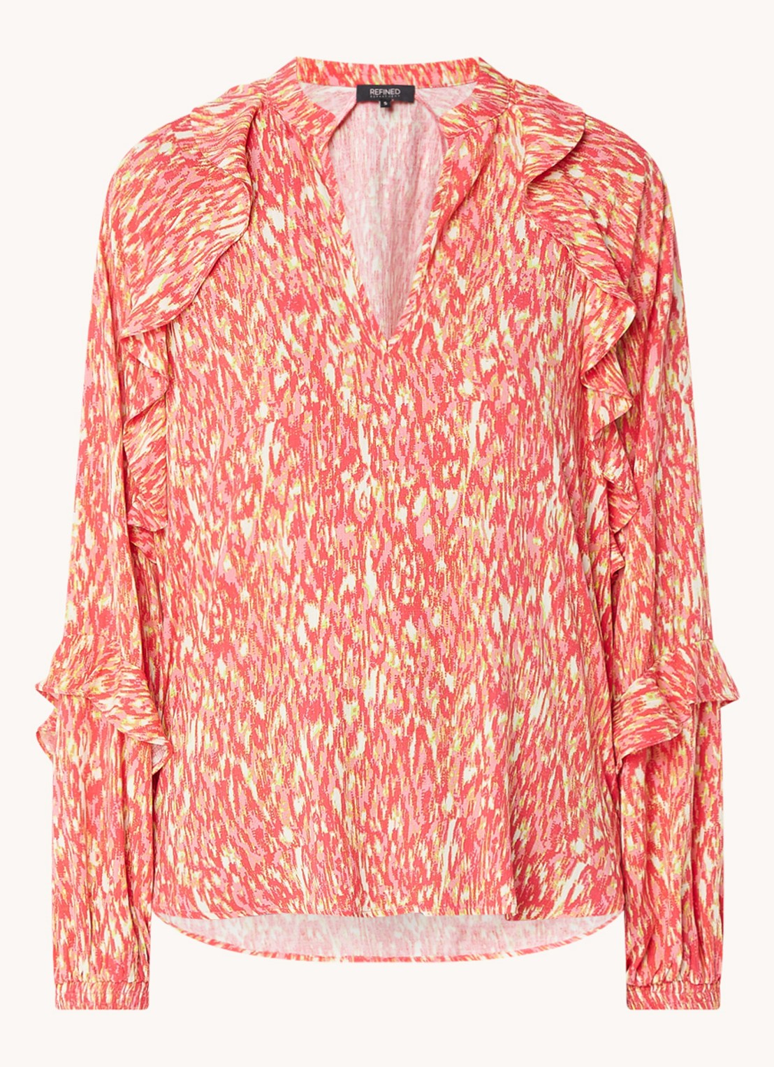 Refined Department Roma blouse met V-hals en ruches  - voorkant koraalroze
