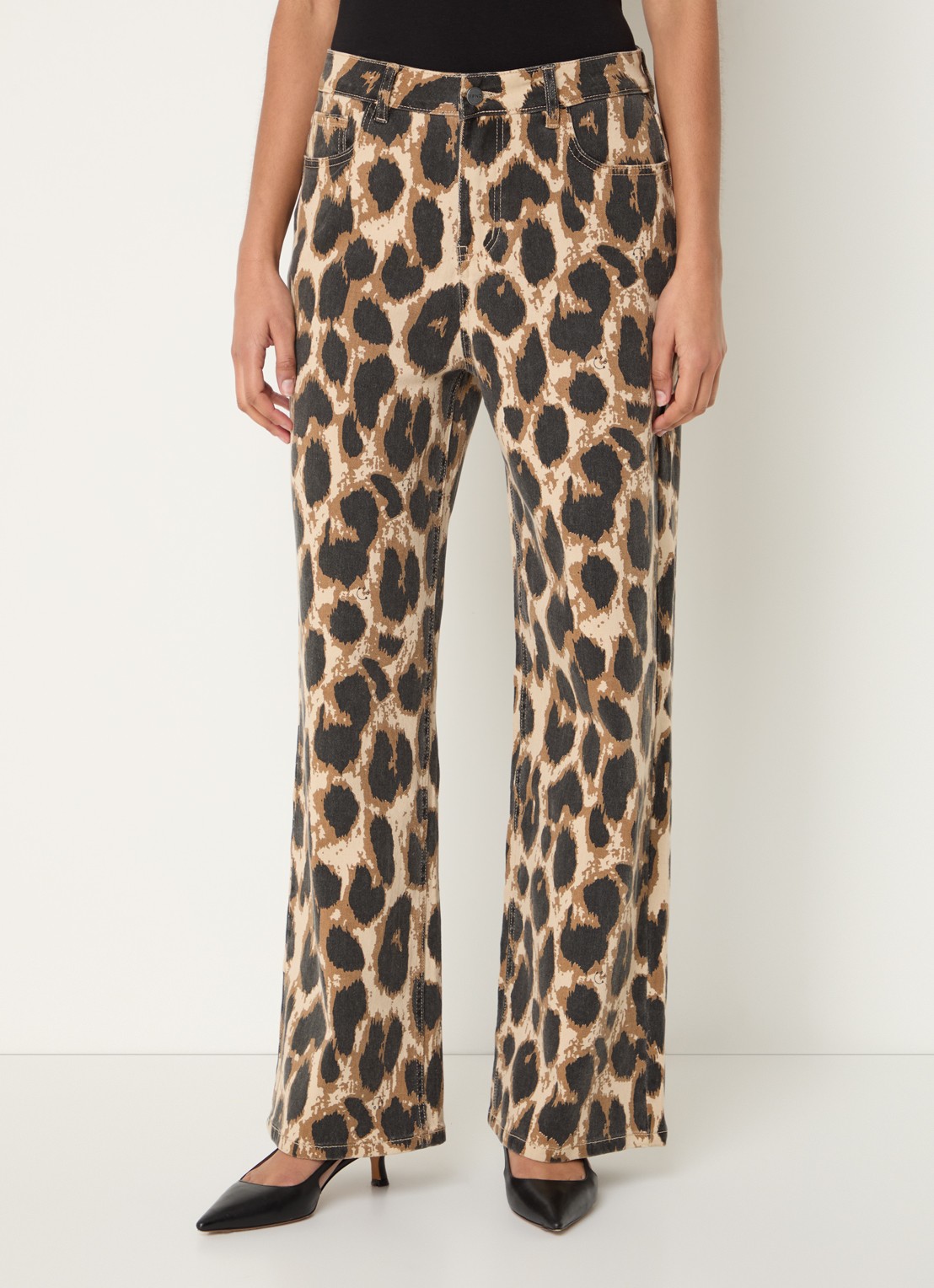 Refined Department Sunny high waist wide leg jeans met panterprint - detail 4 lichtbruin