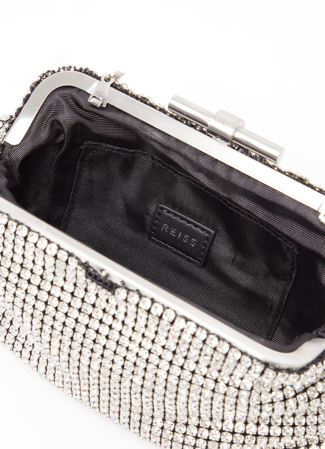 Reiss Adaline clutch met strass met afneembare schouderriem - detail zilver