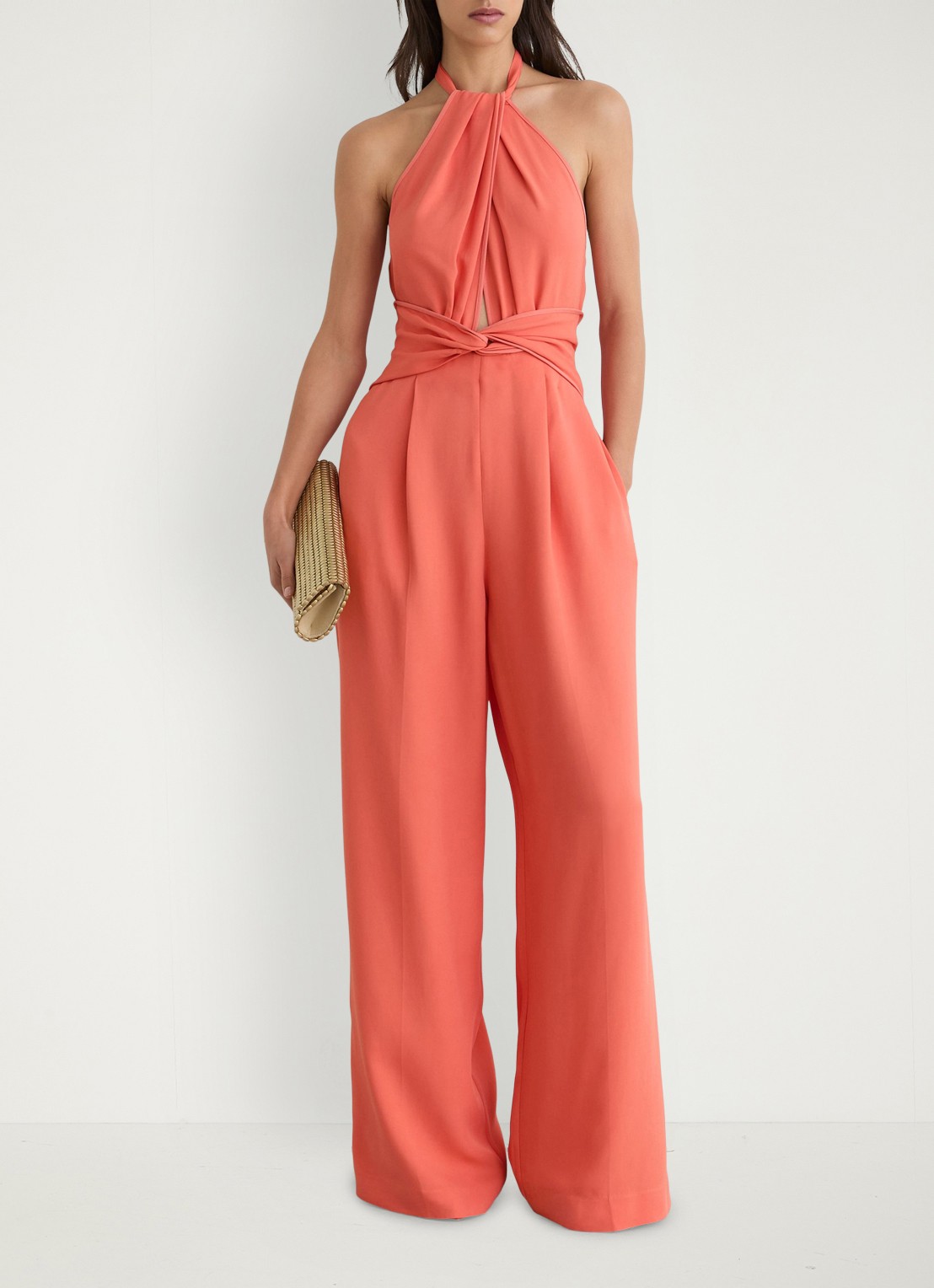 Reiss Akia wide fit jumpsuit met steekzakken - voorkant 2 koraalroze
