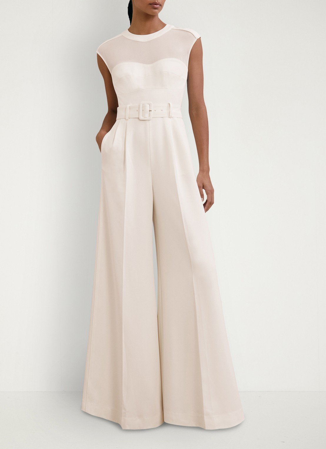 Reiss Alba wide fit jumpsuit met mesh en ceintuur - detail wit